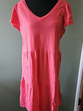 J. Crew Coral Pink V-Neck Tiered Cotton Dress